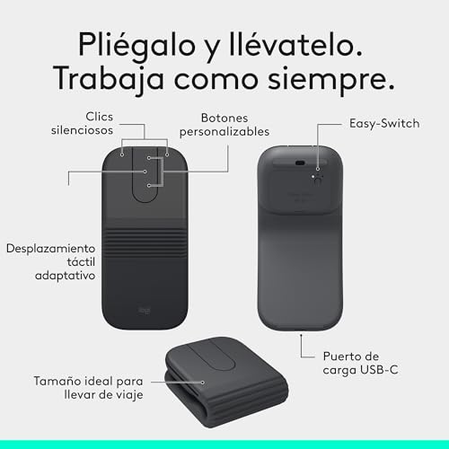 Ratón de viaje Bluetooth de 4000 dpi compatible con Windows, Mac y iPad - Logitech Mobi Fold 3