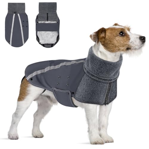 SlowTon Winter Hundemantel, Warm Polar Fleece Futter Hund Outdoor Jacke mit Rollkragen Schal Reflektierende Streifen Verstellbar Wasserdicht Winddicht Welpenweste Weiche Haustier Outfits