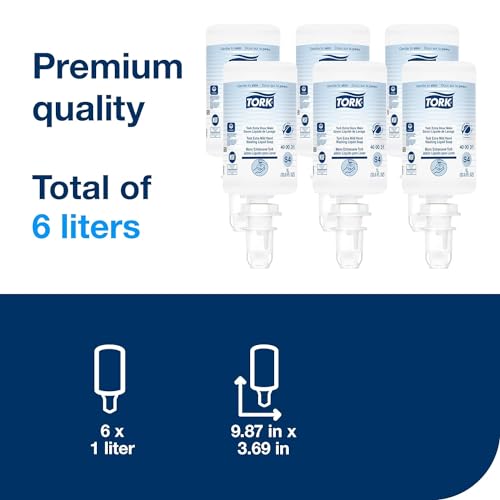 Image of Tork Extra Mild Liquid Hand Soap, Compatible with S4 dispensers, Fragrance-free, Dermatologically tested, eco-friendly 6 x 1L bottles (400031)