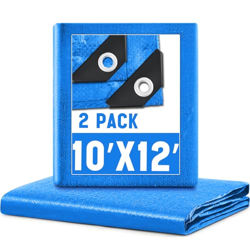 Image of 2 Pack 10 x 12 ft 5.5 Mil Large Tarps Heavy Duty Waterproof Tarp Multi Purpose Tent Cover for Home Boats Cars Camping Patio Furniture Roof Emergency Rain Protective Cover, Blue