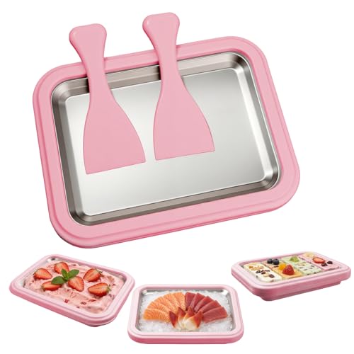 FDIDY Rolled Ice Cream Maker, Stainless Steel Manual Ice Cream Roll Maker Plate with 2 Scrapers, DIY Homemade Frozen Dessert Tray, No Electricity Required, for Home Use (Pink, Small)