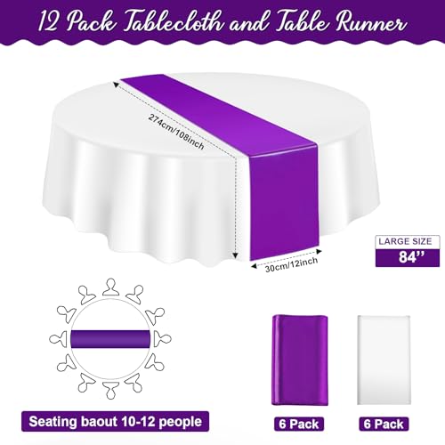 Image of 12Pack 12x108 Inch Satin Table Runner and 84 Inch Round Plastic Tablecloths Set White Purple Disposable Round Table Cover for Graduation Wedding Bridal Shower Anniversary Birthday Party Decorations