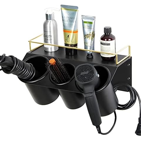 J JACKCUBE DESIGN Hair Dryer Holder Wall Mount Bathroom Vanity Hair Styling Care Tool Accessories 3 Cups Storage Organizer Caddy with Shelf Steel Black Gold- MK1002A (Black) Cover