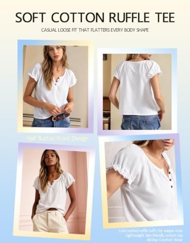 Women's Ruffle Short Sleeve Half Button T-Shirt - Casual Loose Fit Ruched Cuff Summer Henley Going Out Casual Tee Top White
