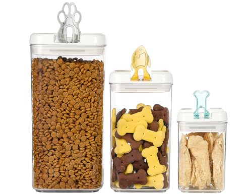 Felli Flip Tite Pet Food Container with Airtight Lids, BPA FREE Acrylic Canister with Paw Bone Fish Flip Top Handles for Cat Dog Kibble Treats Storage, Keep Fresh (Pet Collection Nest-L3pk)