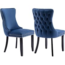 Velvet Dining Chairs Set of 2, Tufted Upholstered High Wingback Dining Chairs with Nailhead Trim, Black Solid Wood Legs for Dining Room, Sillas de Comedor, Blue