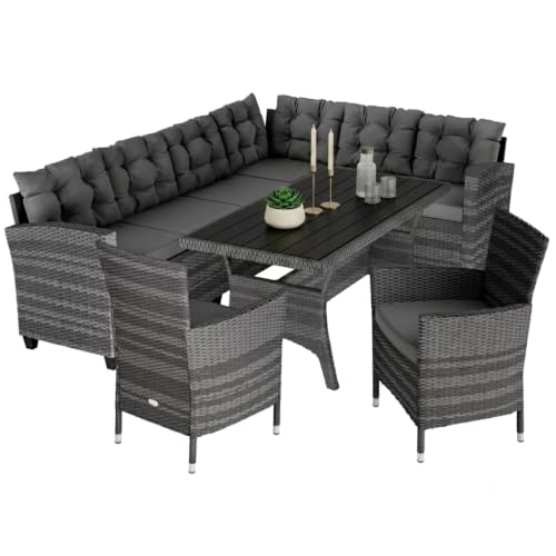 Image of CASARIA® Lisbon Polyrattan Garden Corner Lounge Dining Table Set with 2 Stacking Chairs | Bench WPC Table Top Seat Cushions | Weatherproof Outdoor Patio Seating Group Furniture | Grey