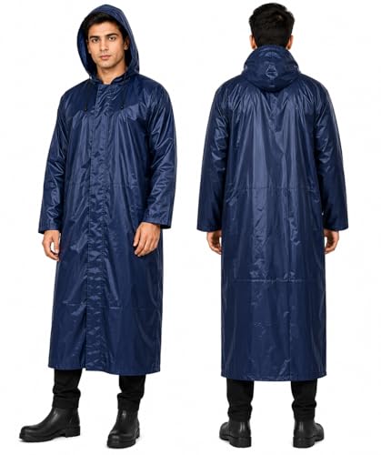 Image of Waterproof Hooded Long Rain Coat for Men, Polyester, Full Sleeves, Regular Fit, Outdoor Riding, Camping & Hiking