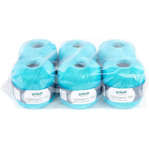 Gründl Fil à Crochet 100 uni (Fil de Coton mercerisé pour Le Crochet en 100% Coton, 100 g / 566 m, Taille d'aiguille : 1,5-2, 6 x 100 g), Turquoise