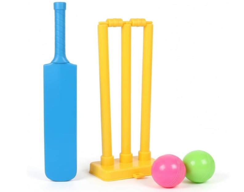 Okeio Kids Cricket Set, Plastic Cricket Bat and Ball Set for Children, Complete Garden & Indoor Cricket Game Toy, Lightweight Outdoor Sports Kit with Bat, Balls, Stumps & Base for Boys & Girl (1PCS)