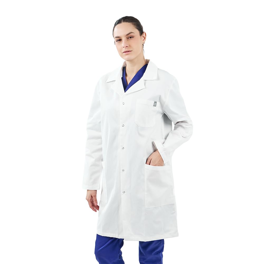 MYLOOKPRO - Bata médica Blanca de Manga Larga Colombia – Bata Profesional Unisex 100% algodón – Botones a presión – 3 Bolsillos – Ropa de Laboratorio, enfermería, odontología y Veterinaria