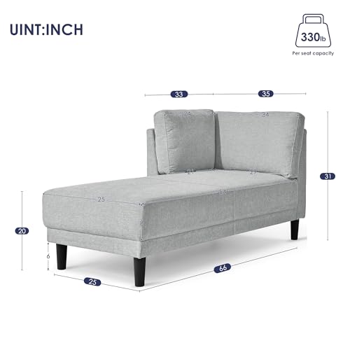 roomfitters 65\" Mid-Century Modern Linen Fabric Corner Lounge Chair, Upholstered Indoor Chaise Lounge Sleeper Sofa for Bedroom, Office, or Living Room, Grey - Thumbnail 2