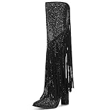 SOVANYOU Black Rhinestone Cowboy Boots Women Sparky Boots Knee High Boots Fringe Glitter Boots Block High Heels Square Toe Crystal Cowgirls Boots Heeled Tall Boots