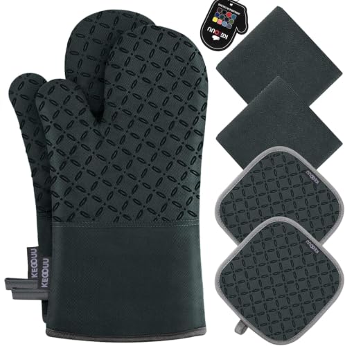 Image of KEGOUU Oven Mitts and Pot Holders 6pcs Set, Kitchen Oven Glove High Heat Resistant 500 Degree Extra Long Oven Mitts and Potholder with Non-Slip Silicone Surface for Cooking (Deep Green)