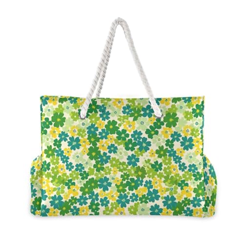 Small Flowers Green Yellow Portable Tote Bag With Pockets with side pocketes Large Bag for Pool Gym Grocery Travel2