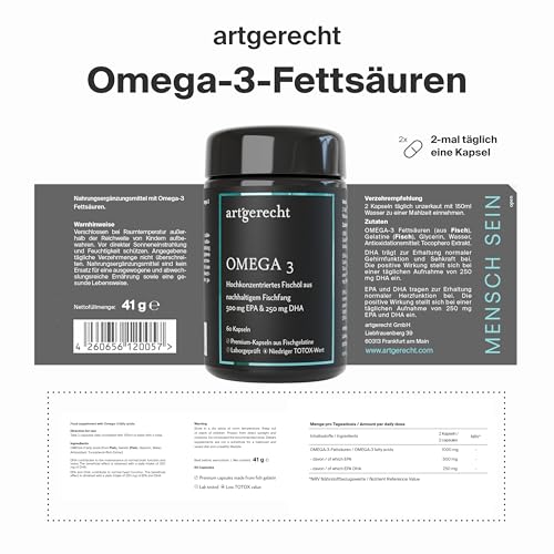 OMEGA 3 – täglich 1000mg Omega-3 Fettsäuren (mit 500 mg EPA & 250 mg DHA) | 60 Kapseln aus Fischgelatine | Nachhaltiges Fischöl, niedriger TOTOX