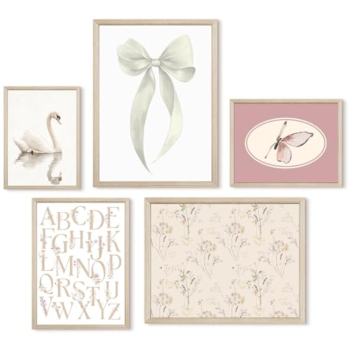 Girl Nursery Wall Art Vintage Canvas Wall Decor Baby Room Pictures Floral Swan Art Prints White Bow Poster Pink Butterfly Painting Vintage Nursery Artwork for Girls Room Bedroom 12x16x5 Inch Framed
