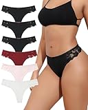 LEVAO 6 Pack Black Cotton Pantes Sexy Breathable G String Thongs Womens Lace Underwear Pack,M