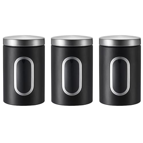 shilanmei Juego de 3 botes de cocina herméticos para almacenamiento de alimentos, recipiente de café de acero inoxidable con ventana para harina, especias, granos, té (negro visible)