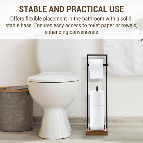 MyGift Freestanding Toilet Paper Holder with Reserve Roll Storage, Bathroom Floor Toilet Paper Holder Stand Organizer, Industrial Matte Black Metal and Burnt Wood