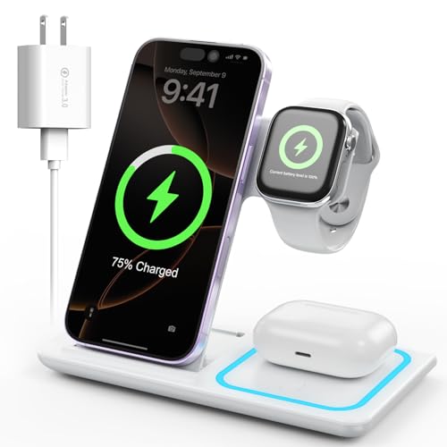 HOUOA ワイヤレス充電器 3in1 急速充電15W/10W/7.5W 同時にiPhone/iWatch/Airpodsに互換性 iPhone17/17Air/17Pro /17Pro Max /16/15/14/13/12Pro/ProMax/Galaxy/AirPods/iWatchなど対応(日本語説明書,18WQC3.0アダプター付属）ホワイトの商品画像（Amazon）