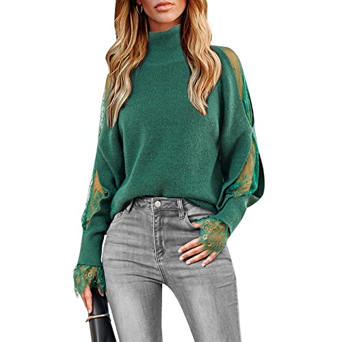 Exlura Women's Lace Cuff Turtleneck Long Sleeve Sweater Patchwork Tops Chunky Casual Pullover Jumper Dark Green #TOP9