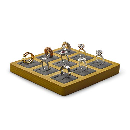 Oirlv Solid Wood Ring Display Stand Showcase Ring Display Organizer Tray 9 Bits Ring Holder (Grey)