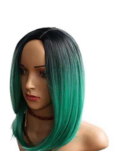 Tsnomore Ombre Green Synthetic Wig with Black Roots, Short Bob Wig with Middle Parting Dark Green Heat Resistant Hair Wig for Women Full Machine Made