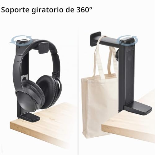 Miniatura 3 de Neetto Hs906 Soporte De Auriculares Colgador 2 En 1, Arriba Y Debajo De Escritorio Portaauriculares Gancho De Montaje Abrazadera Giratoria Y Ajustable En Altura, Estante Para Auriculares Clip Cable