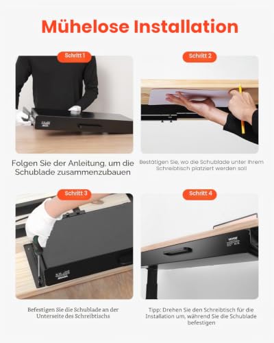 VEVOR Untertisch Schublade 635x232x75 mm, Unterbau Schreibtisch, versteckter Schreibtisch-Aufbewahrungs-Organizer, Bleistiftschublade unter dem Tisch für Sitz-Steh-Arbeitsplätze im Büro & zu Hause