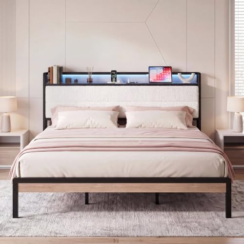 Image of LIKIMIO California King Bed Frame with Storage Headboard and LED Lights, Metal Platform Bed with Charging Station, Noise Free, No Box Spring Needed, Under Bed Storage, Natural and Cream