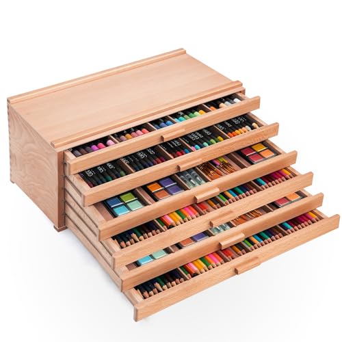 Falling in Art 6 Drawer Artist Supply Storage Box, Wooden Pastel Storage Box, Portable Organizer Box for Pastels, Pencils, Markers, Brushes and Art Supplies