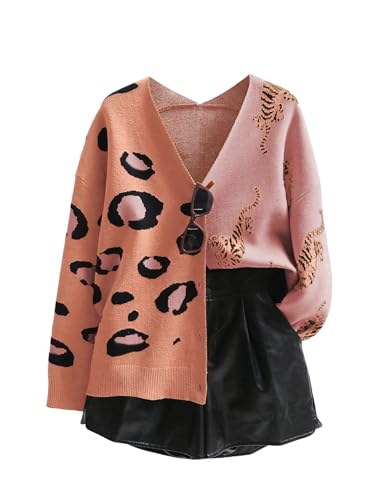 Image of WDIRARA Women's Leopard Tiger Print Cardigan V Neck Long Sleeve Color Block Button Down Sweater Outwear