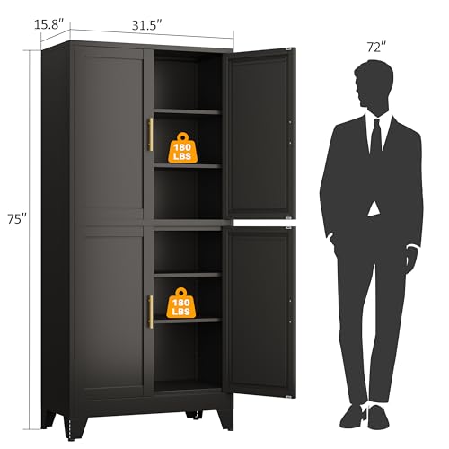 Image of PAOFIN Black Metal Storage Cabinet with 4 Doors and 4 Adjustable Shelves, Adjustable Leveling Foot for Kitchen, Living Room and Dining Room. 75 inch H
