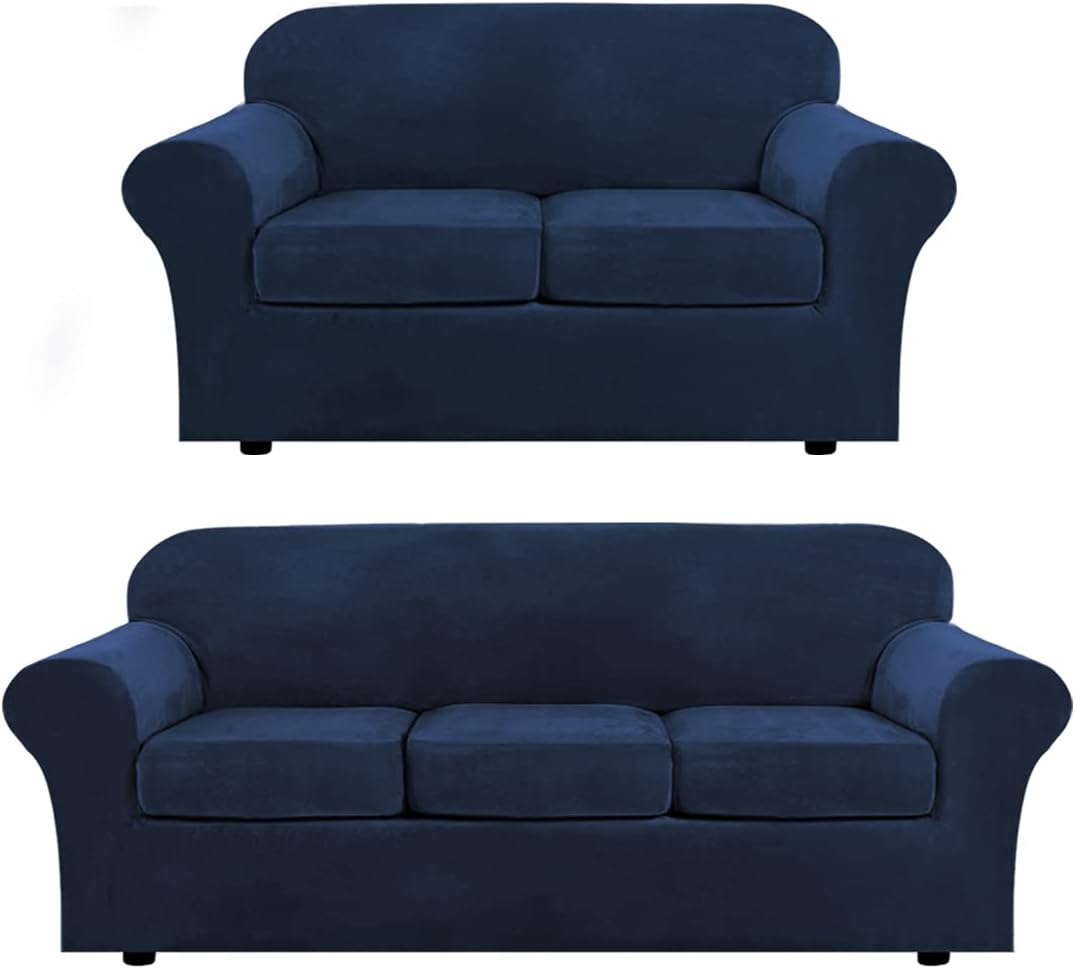H.VERSAILTEX 4 Pieces Velvet Plush Sofa Slipcover Bundle 3 Pieces Velvet Plush Loveseat Cover, Navy