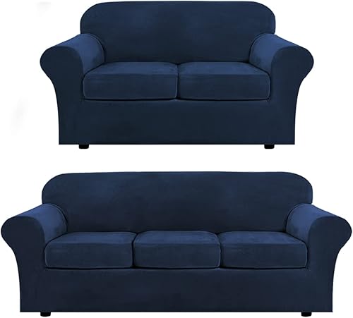 H.VERSAILTEX Paquete de 4 fundas de terciopelo de felpa para sofá, paquete de 3 fundas de terciopelo de felpa, azul marino