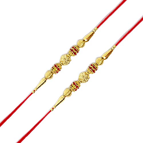 Image of co Set of 2 Golden Ball moti Rakhi for Brother for boy Men with Free rolli chawal Multi Color Size 7 inch