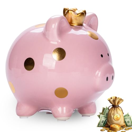 Tirelire cochon porte-bonheur pour fille - En céramique - Petite 11,8 x 14 x 13,2 cm - Pour garçons, filles et adultes - Idée cadeau - Décoration - Rose