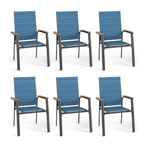 Image of PHI VILLA Outdoor Stackable Dining Chairs Set of 6 w /Aluminum Frame, Blue | Breathable & quick-drying Textilene, Space-saving, Light-weight, Weather-resistant, Patio lawn deck