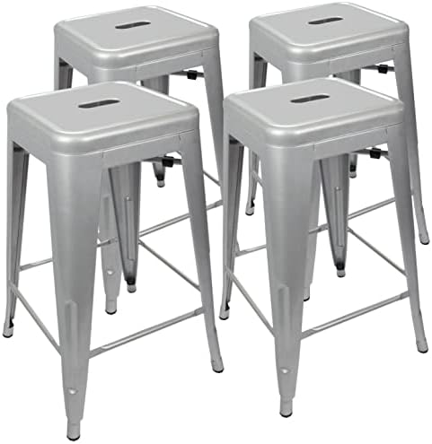 UrbanMod 24 Inches Metal Barstool Set of 4 – Counter Height Backless Bar Stool for Kitchen Island, Breakfast, Outdoors, Pub, Restaurant, Home, Patio – Stackable Heavy Duty Modern & Industrial (Silver)