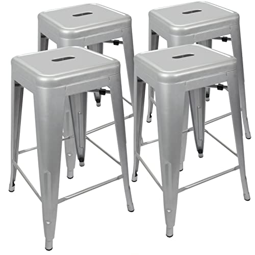 Urbanmod 24 Inches Metal Barstool Set Of 4 – Counter Height Backless Bar Stool For Kitchen Island, Breakfast, Outdoors, Pub, Restaurant, Home, Patio – Stackable Heavy Duty Modern & Industrial (Silver) #TOP19