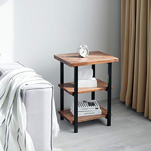Welland 3-Tier High End Table | Rustic Side Table For Living Room & Bedroom | Made Of Solid Pinewood With Espresso Finish Shelf And Matte Black Iron Frame | Easy To Assemble | 20”W X 15”D X 27”H #TOP2