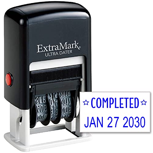 ExtraMark Ultra Dater Self-Inking Rubber Date Office Stamp with Completed Phrase & Date - Blue Ink, 12-Year Band