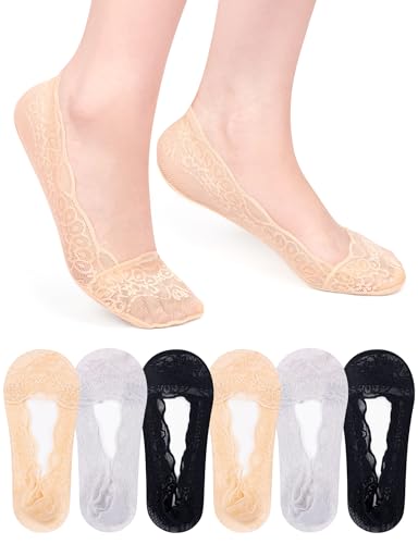 Image of Becellen 6 Pairs Invisible Socks Women, Ultra Low Cut No Show Socks Non-Slip Ice Silk Lace Design Liner Footies for Women & Girls Loafers Flats High-heel Shoes