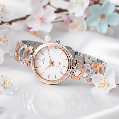 Image of IIK COLLECTION Watches for Women Round Studded Dial |Analogue Quartz Movemnet Ladies Watch|Long Battery Life|Stainless Steel Adjustable Bracelet Chain Strap|Double Lock Clasp Safety Watches for Girls