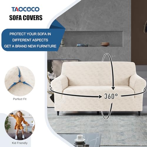 Image of TAOCOCO Loveseat Sofa Cover, 1Piece Couch Cover for 2 Cushion Sofa Washable Loveseat Slipcover with 2PCS Throw Pillow Covers, Jacquard Furniture Protector for Pets Dog(2 Seater,Beige)