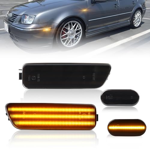 OFFKAT LED Side Marker Turn Signal Lights for VW G-olf Jetta MK4 1995-2005, MK4 GTI R32 2000-2003, Smoked Lens Amber Led Front Bumper & Fender Side Marker Lamps, Replace OEM Sidemarker Lamps, 4PCS