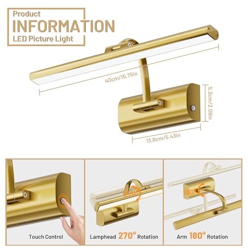 Image of AIFEI 5200mAh Picture Lights for Wall: Up to 48H Artwork Lighting | 6H Fast Charging for Living Room Hallway - Remote Timer Memory - Wireless Installation - 16 Inch - Brass
