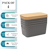 Sagittar Set of 4 Storage Boxes with Bamboo Lid, Plastic Storage Baskets, Imitation Rattan Baskets, Minimalist Storage Boxes for Desks, Coffee Tables, Dressing Tables, Shelves (Grey) - Image 3