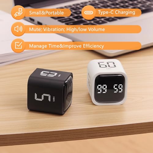 Miniatura 2 de Cuteefun Cubo Temporizador, Pomodoro Timer Rotativo, 5 10 30 60 Minutos Y Cuenta Atrás Personalizada, Temporizador Digital Con Vibración, Alerta Sonora Ajustable Para Cocina, Estudio, Reunión, Negro